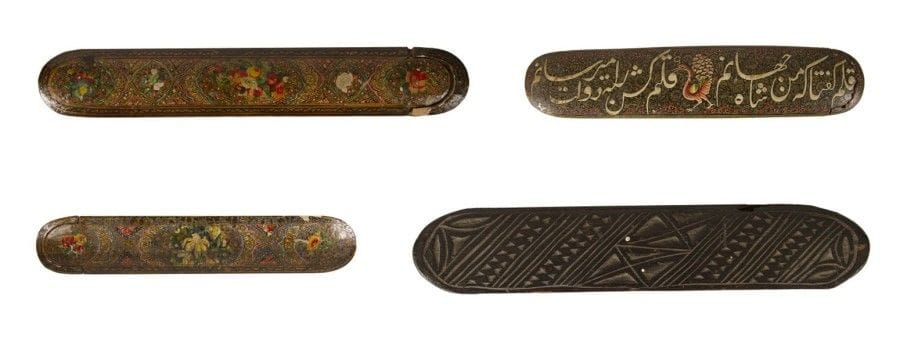 Neufs plumiers, Iran et Afghanistan, début XXe siècle. 
Huit en papier mâché ou bois peint en polychromie et laqué, de vers, de versets poétiques, de cartouches fleuris, d'un jeu de polo ou scène de cour dont un à encrier en pierre, le dernier afghan en bois sculpté.
Nine pencases, Iran and Afghanistan,19th-20 thcentury