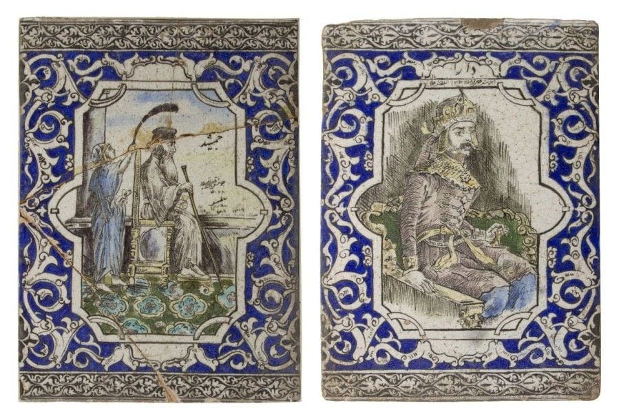 Deux grands carreaux qâjâr aux portraits royaux, Iran, daté 1319H. / 1901.
Carreaux rectangulaires en céramique siliceuse à décor moulé peint en noir et bleu sur fond crème et sous glaçure incolore. Les deux sont ornés d'un médaillon polylobé en réserve sur fond bleu à rinceaux de palmette blancs. L'un présentant le roi Djamshid assis sur un trône, éventé par un serviteur, une inscription à droite donne la date d'intronisation 366 BC et la date 1319 H. / 1901 et l'autre, le roi Dara et sa date d'intronisation 315 BC.  
Dim. env.: 54.5 x 40 cm
Two large Qâjâr glazed ceramic tiles with portrait of King Jamshid and King Dara, Iran, dated 1319H. / 1901