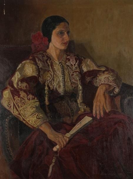 Eva HADDOU (XIXe-XXe siècle)

Autoportrait en algérienne
Huile sur toile.
Signée en bas à droite.
(Griffure).
100 x 73 cm