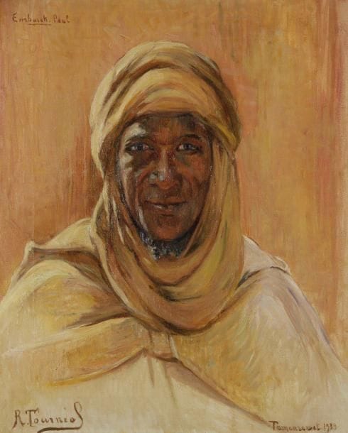 Renée TOURNIOL (1876-1953)

Portrait de Paul Embarek, Père de Foucauld, 1939
Huile sur toile.
Signée en bas gauche.
Située Tamanrasset et datée en bas à droite.
Titrée en haut à gauche.
55 x 45  cm