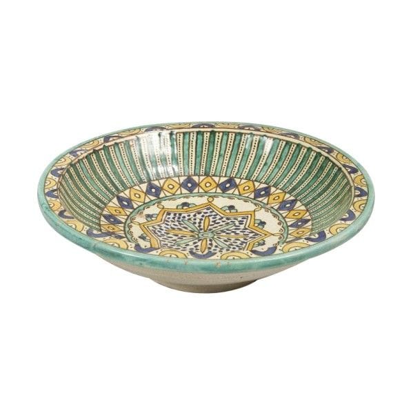 Plat ghotar, bol zlafa et base de jobbana, Fès, fin XIXe siècle. 
Faïences polychromes. Plat creux sur petite base, à décor d'étoile à huit branches à c?ur de pétales sur points bleus et au cavet, décor dit de «mille-pattes» ; - Bol sur piédouche à décor compartimenté d'arcatures florales, à l'intérieur une fleur, trou à la base ; - Base de pot à beurre à décor de registres de losanges fleuris et de «mille-pattes»
État: éclats et pour la base, manques et défauts de cuisson
Haut.: 10,5 cm, 14,5 ; Diam.: 31,2 cm, 16 cm, 21 cm 
Dish,Ghotar, a bowl,Zlafa, and a Jobbana bowl, Fez, late 19th century