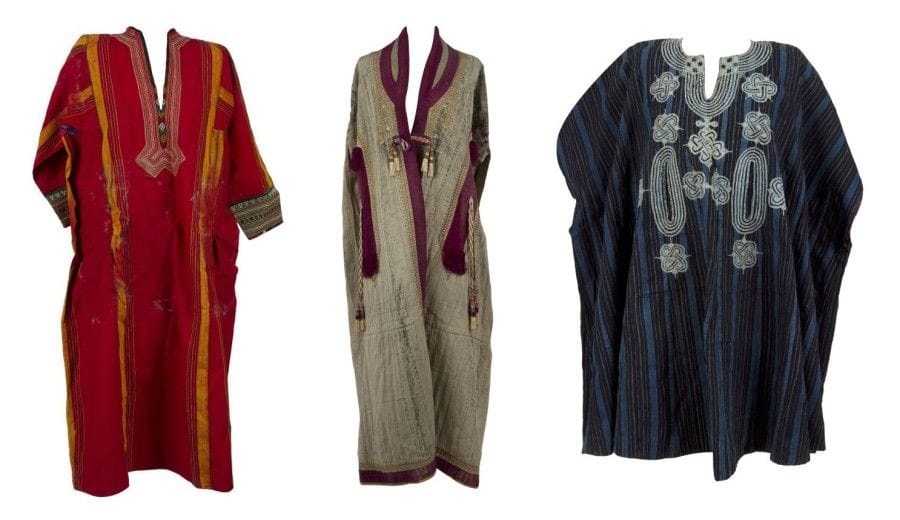 Manteau, tunique et deux bordures de tente, Asie centrale, Maroc, XXe siècle. 
Manteau d'homme jelak en coton bleu usé bordé d'un galon violet, manches retenues dans le dos, doublure ikatée ; - Tunique en coton à rayures bleu marine et cobalt, brodée au plastron et aux poches de motifs de n?uds ; - Bordure de tente marocaine en coton damassé grenat et orangé de motifs crénelés ; - joint une tunique en soie rouge à larges rayures jaunes. 
Dim. Bordures: 51 x 320 cm, 52 x 324 cm ; Manteau: 82 x148 cm: Tunique bleue: 95 x 101 cm ; rouge : 130 x112 cm
A coat, a tunic and two tent borders, Central Asia and Morocco, 20th century