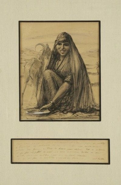 GEORGES ALFRED BOLLE (1887-1959)

Portrait d'une bergère tunisienne aux lèvres scarifiées avec sa chèvre
Dessin au fusain, encre et rehauts de craie.
Signé en bas au milieu et situé à Matmata.
36 x 29,5 cm
Commentaire: 
Ce dessin est accompagné d'une note de l'artiste évoquant ses relations avec Paul Émile Dubois à Matmata: «Nous nous promenions P. E. Dubois et moi près du village de troglodytes de Matmata lorsqu'au détour d'un rocher, nous vîmes une femme en train de traire une chèvre. Elle se retourna et je fus stupéfié de voir sa lèvre supérieure taillée en dents de scie faire une dentelure rouge sur ses dents blanches. - En deuxième plan, les habitations, comme des fôsses».