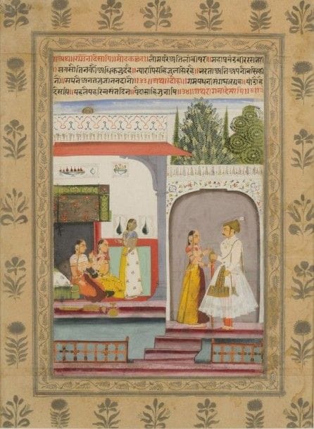 Desakh Ragini
A l'entrée d'un pavillon, une jeune femme retient le raja,loin de ses compagnes assises près du lit dans le pavillon. Au premier plan une balustre s'interrompt devant l'escalier qui mène au pavillon. 
En musique, le raga s'interprète tôt le matin au printemps. Selon la tradition d'Amber, la jeune femme irritée de ses compagnes, garde son amour pour elle, empêchant son mari de rêver à d'autres femmes. Cf. K. Ebeling, Ragamala Painting, Paris, 1973, p.138.
Dim. Miniature: 27 x 20 cm 