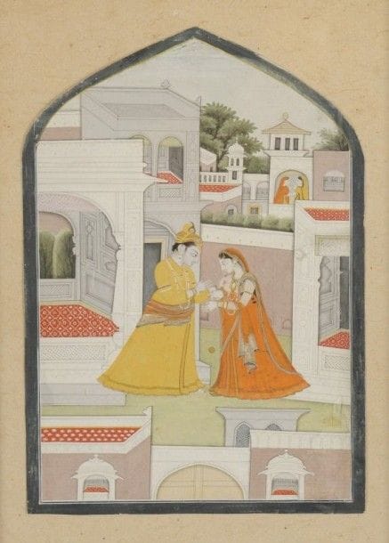 Le jeu de yoyo, Haut Penjab, Mandi, début XIXe siècle.
Gouache sur page d'album à encadrement bleu marine. Composition en ogive montrant dans la cour d'un palais, Krishsna et Radha jouant au yoyo. Le fil est noué à un doigt de Krishna mais c'est Radha qui a lancé le jouet. Le yoyo symbolise les sentiments contradictoires qui animent les jeux de l'amour: plaisir de la rencontre et tristesse de la séparation, affliction causée par une brouille et joie de la réconciliation.
Dim. page: 15,4 x 23,2 cm
Provenance: Galerie Marco Polo, Paris
Elle est reproduite en pleine page dans le livre « Krishna l'Amant Divin» par A. Dallapicola et E. Isacco, Lausanne, 1982, ill. n°156, p. 157. D'après le certificat de la galerie Marco Polo, cette miniature a été exposée également au Fogg Art Museum à Boston, mais sans donner de date, à la galerie Marco Polo, Krishna à travers les miniatures indiennes du 17e au 19e siècle,6-30 Octobre 1982, et a constitué l'affiche de l'exposition.
Play yoyo, Upper Punjab, Mandi, early 19th century 