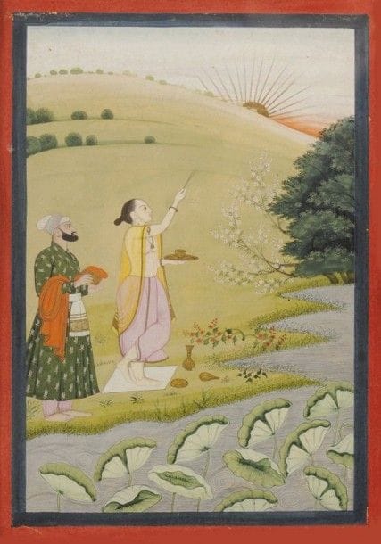 Bhaskar Raga, Putra de Hindol, Haut Penjab, Kangra, fin XVIIIe siècle. 
Gouache sur page cartonnée à marges rouges et encadrement bleu foncé.
Un orant debout près d'une rivière fait une offrande d'herbes sacrées au lever du soleil. Derrière lui un homme porte son turban et son étole rouges. Les ustensiles du culte sont placés au sol. Des corolles de lotus s'ouvrent à la lumière dans la rivière qui coule.
Dim. Miniature: 20,5 x: 13,5 cm ; Dim. page à vue: 22,5 x 16 cm
Provenance: Galerie Marco Polo, Paris
Cette miniature provient d'un album de Ragamala ou Guirlande de Raga, qui évoque un mode musical et exprime en peinture les sentiments amoureux contenus dans la mélodie correspondante. Ici il s'agit d'un hymne au soleil. 
Pour une miniature au même sujet, voir M.S.Rhandhawa, Kangra Ragamala Painting, New Delhi, 1971, p. 39.
Bhaskar Raga, Hindol Putra, Upper Punjab, Kangra, late 18th century 