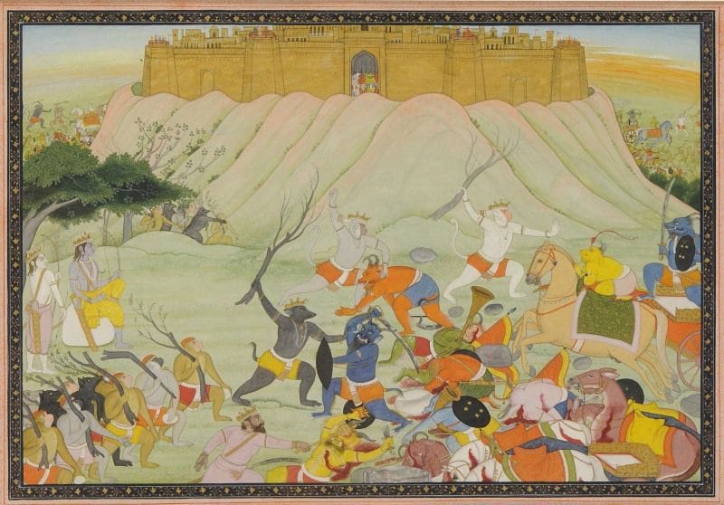 Combat entre Rama, Lakshmana et l'armée des démons, Épisode d'un Ramayana, Haut Penjab, Kangra, vers 1780.
Gouache sur page d'album à marges roses et encadrement à rinceau végétal sur fond noir.
Au pied de la forteresse d'or du roi Ravana, l'armée des singes et des ours conduite par Lakshmana combat les démons, sous le regard de Rama assis sous un arbre. 
Dim.: miniature 20 x 30,2 cm ; page d'album 25,2 x 35,4 cm 
Provenance: Galerie Marco Polo, Paris
Pour la traduction du Râmâyana, voir M. Biardeau et M. C. Porcher, Le Ramayana de Vâlkïmi, Paris, 1994, reprise dans l'édition illustrée publiée chez Diane de Selliers, 7 vols. 2011. Voir aussi J. Losty, The Râmâyana: Love and Valour in India's Great Epic. The Mewar Râmâyana manuscripts. London, 2008.
Cette miniature est intéressante dans la composition de la scène au pied de la forteresse. 
Battle between Rama, Lakshmana and the army of demons, a Ramayana Episode, Upper Punjab, Kangra, circa 1780