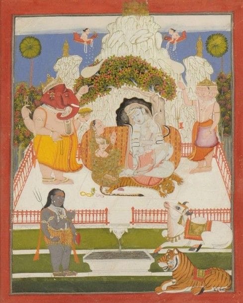 Civa et sa famille sur le mont Kailasa, Rajasthan, Mewar, XVIIIe siècle. 
Gouache sur page d'album à marges rouges.
Au pied du mont Kailasa, sa demeure, le dieu Shiva, assis sur une peau de tigre, reçoit l'hommage de sa famille: son épouse Parvati, appuyée contre un coussin à gauche, son fils Ganesh, dieu à tête d'éléphant à gauche, une divinité à six têtes à droite, son deuxième fils Kartikeya, dieu de la guerre au pied de la balustrade, ainsi que le tigre, monture de Parvati, le taureau Nandi de Shiva. Au sommet de la montagne sacrée apparait le palais d'or, résidence divine.
Dim. page: 29 x 21,2 cm 
Provenance: Galerie Marco Polo, Paris
Shiva and his family on Mount Kailasa, Rajasthan, Mewar, 18th century 