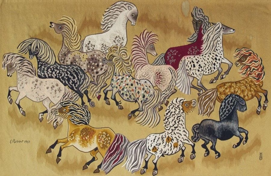DOM ROBERT (1907-1997)

Dartmoor, modèle créé en 1957
Tapisserie.
Une tache vers la partie haute au centre et une autre vers la partie droite.
Signée D. ROBERT dans la trame en bas à gauche, marquée du sigle de l'Atelier TABARD en bas à droite dans la trame, complète de son bolduc (décousu et conservé dans une enveloppe de la Galerie La Demeure), contresigné D. ROBERT portant les mentions de cartonnier, de titre, d'éditeur, de dimensions et la numérotation 709.
176 x 260 cm"