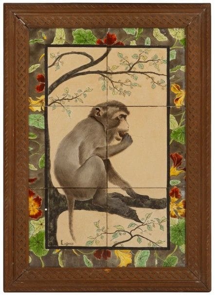 E. LAGEOIS (XXe) & Faïencerie Hippolyte BOULENGER à Choisy-le-Roi

Chimpanzé branché
Fresque en six carreaux.
Épreuve en céramique émaillée polychrome.
Circa 1890.
Chaque carreau marqué H.te BOULENGER & Cie ? Choisy-le-Roi au dos.
64,5 x 42,5 cm"