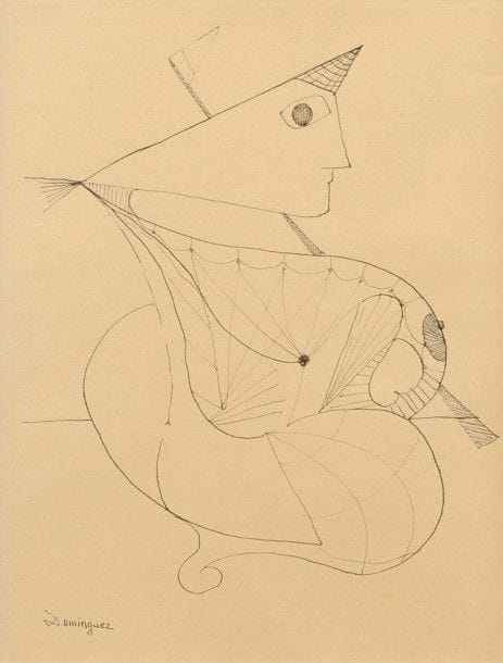 Oscar DOMINGUEZ [espagnol] (1906-1957)

Femme au fanion, vers 1951-52
Dessin à l'encre.
Signé en bas à gauche.
25 x 19,5 cm

