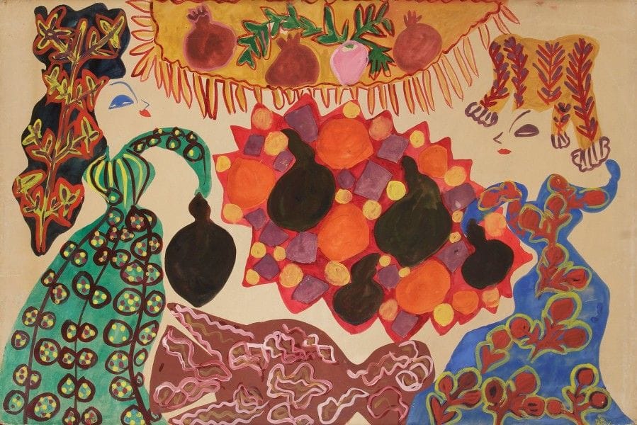 BAYA [algérienne] (1931-1998)

Deux femmes aux calebasses, vers 1950
Gouache.
Signée en bas à droite.
(Petits accidents).
64,5 x 98 cm
