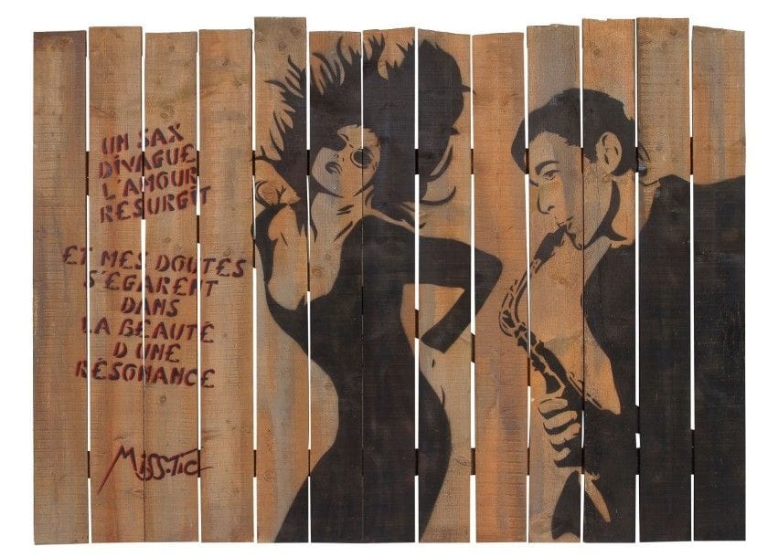MISS.TIC (Née en 1956)

Un sax divague, l'amour ressurgit, 1991
Pochoir sur palissade.
Signé au pochoir en bas à gauche.
Daté au dos.
157 x 190 cm

Bibliographie: 
Miss.Tic, Miss.Tic in Paris, Éditions Critères, Collection Urbanités, Paris, 2007, reproduit page 63.

