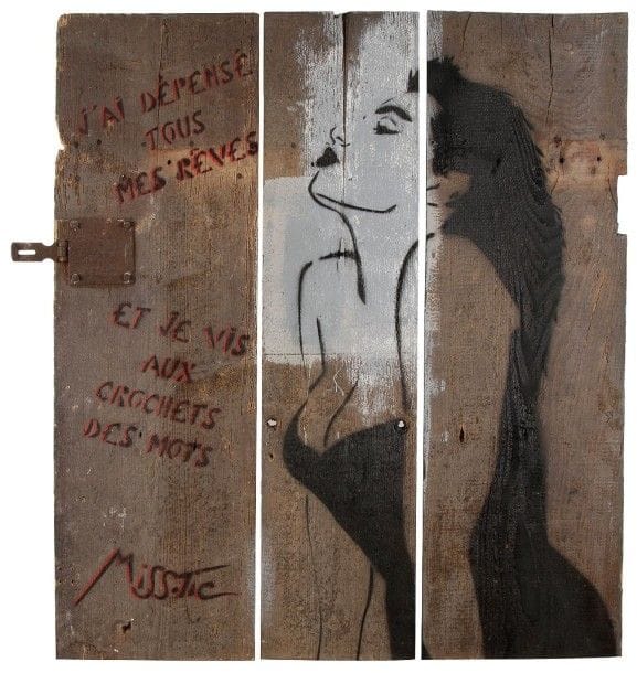 MISS.TIC (Née en 1956)

J'ai dépensé tous mes rêves et je vis aux crochets des mots, avant 1992
Pochoir sur palissade.
Signé au pochoir.
89 x 100 cm

Bibliographie: 
Sera reproduit dans l'ouvrage à paraître: Flashback, Miss.Tic 30 ans de créations, Éditions Critères, Paris, Collection Urbanités.
