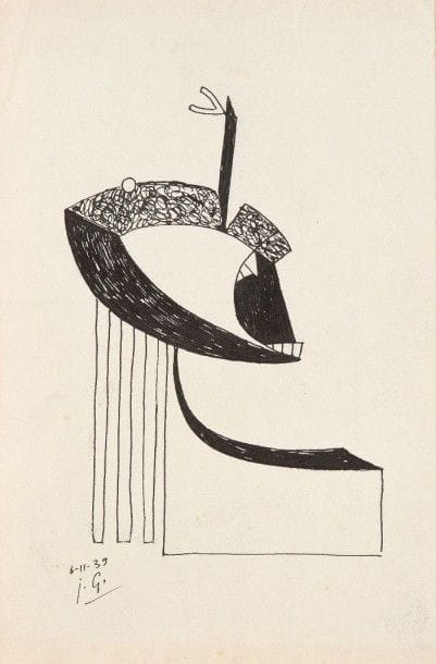 Julio GONZALES [espagnol] (1876-1942)

Tête à la corne, 1939
Dessin à l'encre.
Monogrammé et daté 6.11.39 en bas à gauche.
(Petit pli).
31 x 20 cm

Provenance: 
Ancienne collection du critique d'art Robert Vrinat.

Bibliographie: 
Pour une ?uvre similaire: Julio Gonzalez, Archives en ligne, Catégorie dessins, Tête à la corne, 29.6.39, page 6.

La Tate Modern de Londres conserve un version similaire plus aboutie datée du lendemain (7.11.39) de celle présentée ici. (Tate Modern, Londres, référence T01619, offerte par Mme Roberta Gonzalez-Richard en 1972).
