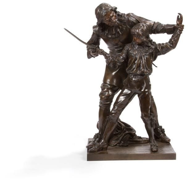La Leçon d'escrime. Sculpture en bronze à patine brun nuancé. Signée: A. Gaudez sur la terrasse. Circa 1880. H.: 58 cm. Terrasse: 27 x 33,5 cm