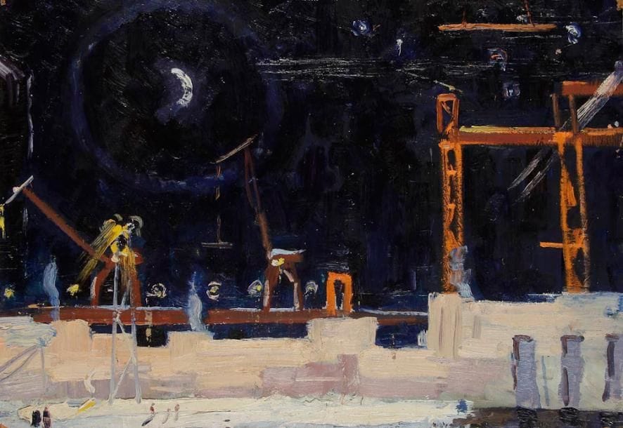 Vladimir Petrovitch TOMILOVSKY (1901-1990)
Usine à GES la nuit Huile sur carton toilé. 33 x 48 cm