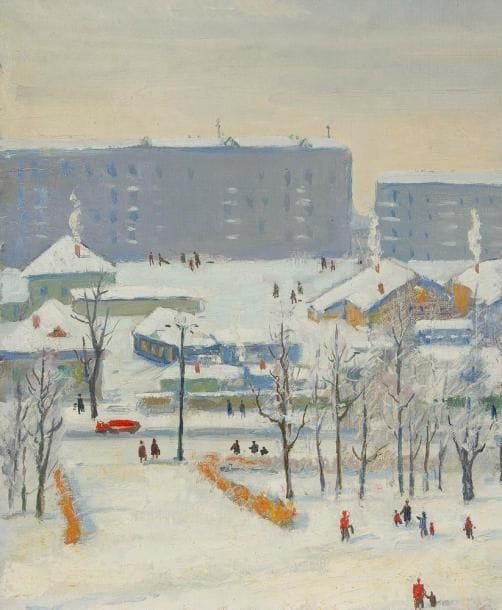 Vladimir Petrovitch TOMILOVSKY (1901-1990)
La Ville en hiver, 1968 Huile sur carton toilé. 39 x 32 cm