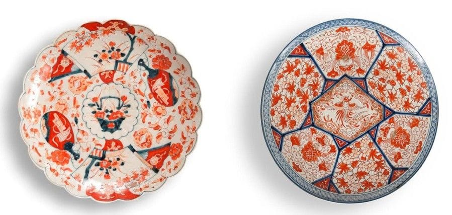 JAPON, Imari - Époque MEIJI (1868 - 1912)

Deux plats en porcelaine décorée en bleu sous couverte, rouge de fer et émail or d?un panier fleuri et fleurettes et phénix entouré de compartiments ornés de pruniers en fleurs et feuillage.
D.: 32 et 46 cm