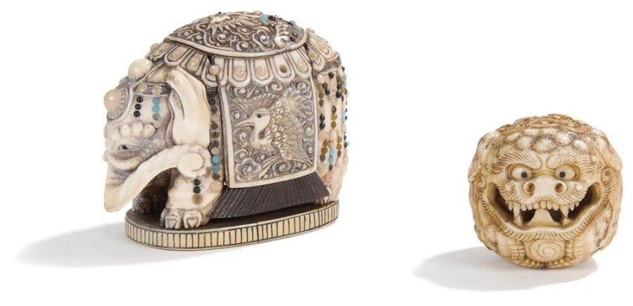 JAPON - Epoque MEIJI (1868 - 1912)

Deux okimono en ivoire, l?un en forme de shishi enroulé avec boule intérieure mobile, l?autre un éléphant incrusté de cabochons de verre.
H.: 3 et 5 cm