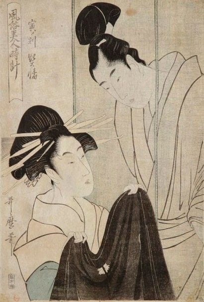 UTAMARO (1753-1806)

Oban tate-e de la série «Fuzoku bijin Tokei», coutumes des jolies femmes d?après les heures, l?heure du tigre, représentant un couple, dont l?homme se trouve derrière une moustiquaire. Signé Utamaro fude, cachet de collectionneur. Vers 1798/1800.
Dim.: 38,3 x 26 cm
Encadré sous verre