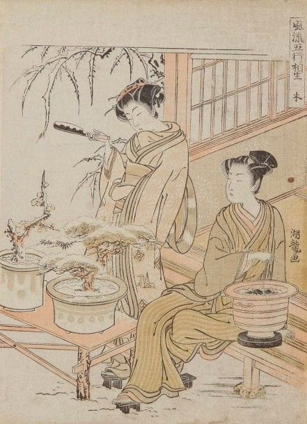 KORYUSAI (1735-1790)

Chuban tate-e, deux jeunes femmes avec des bonsaï dans un paysage de neige.
Dim.: 26 x 19 cm