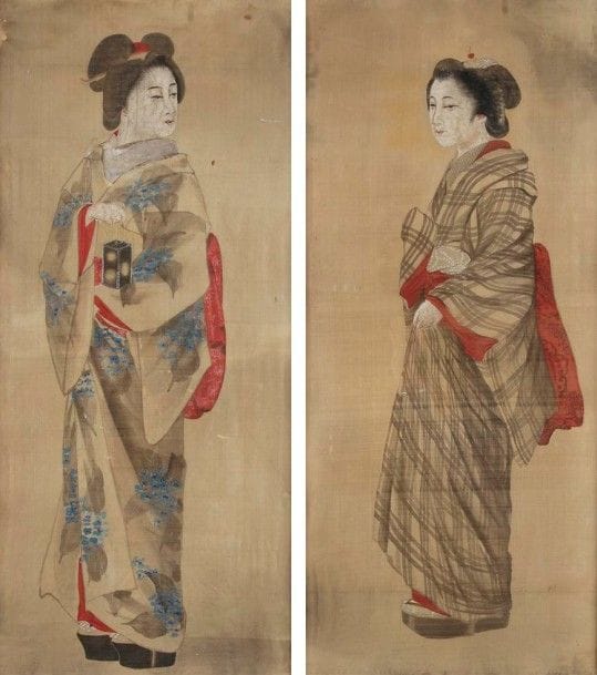 JAPON
Époque MEIJI (1868 - 1912)
Encre et polychromie sur soie, deux jeunes femmes debout vêtues d?un kimono.
(Taches).
Dim.: 73 x 32 cm
Encadrées sous verre