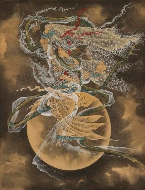 JAPON - XXe siècle

Peinture à l?encre et couleurs sur papier, représentant la divinité de la lune, Jouga (change en chinois) debout portant son lapin dans les bras. 
Dim.: 70 x 55 cm