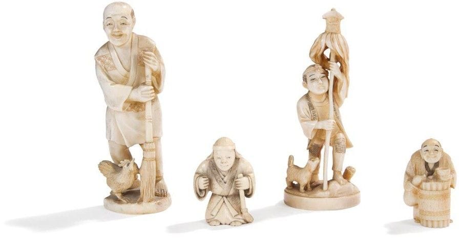 JAPON - Epoque MEIJI (1868 - 1912)

Deux okimono en ivoire et deux petits okimono dans le style des netsuke, paysans debout.
H.: de 5 à 12 cm