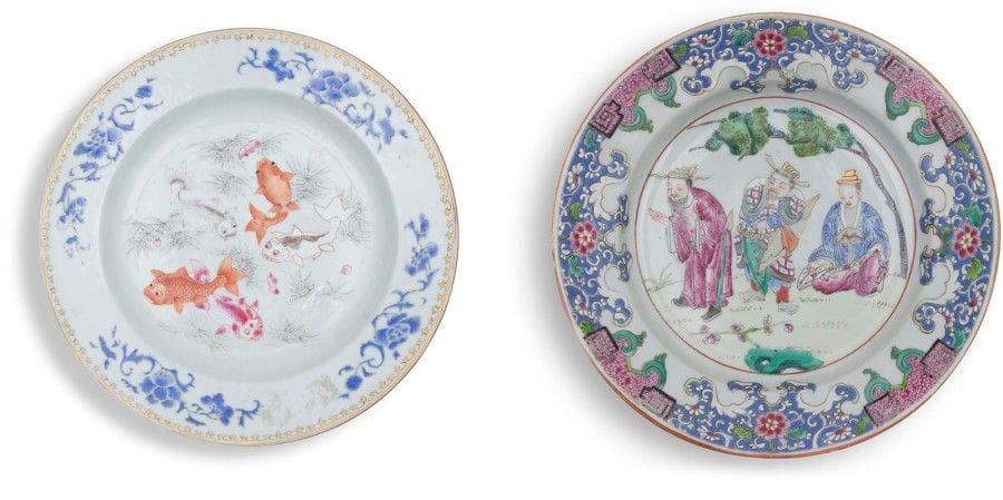CHINE - Epoque QIANLONG (1736 - 1795)

Deux assiettes en porcelaine, l?une décorée en émaux polychromes de poissons parmi les algues, l?autre à décor polychrome de «fu lou shou xing» de Samson.
D.: 22,5 et 23 cm