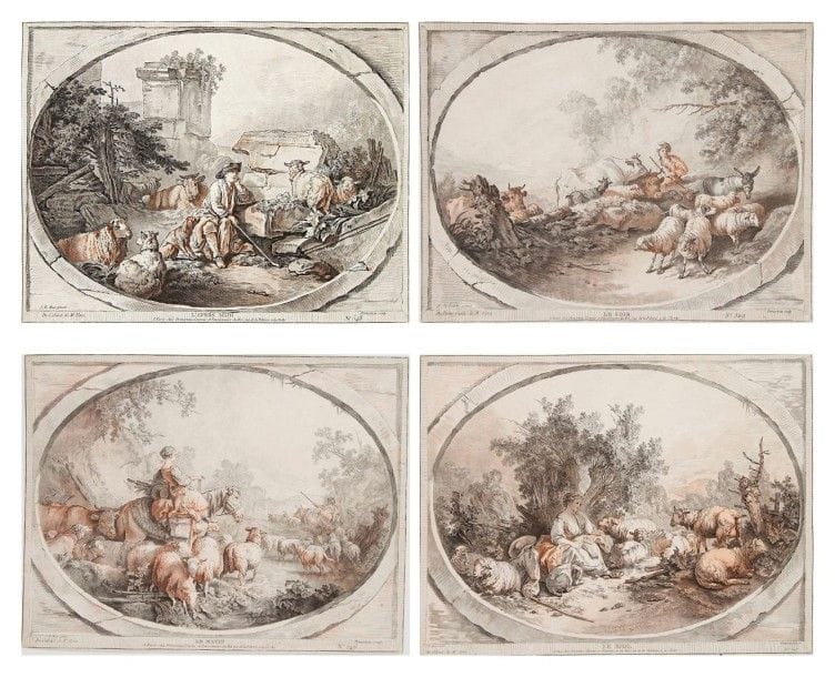 Gilles DEMARTEAU L'AINE (1722-1776)

Le Matin; Le Midi; L'Après-midi; Le Soir. Gravure en manière de crayon d'après J.-B. Huet. Chaque 345 x 265. Cat. raisonné 546 à 549. Impression en couleurs (noir et sanguine). Suite complète de 4 pl. Très belles et fraîches épreuves rognées au trait carré, bien complètes de la tablette.