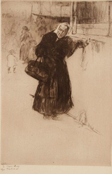 Edgar CHAHINE (1874-1947)

 Vieille femme. 1900. Eau-forte, aquatinte et pointe sèche. 270 x 400. Tabanelli 43. Réunion de deux épreuves sur vergé, la 1re du 1er état (sur 2), d'un tirage à 15 épreuves environ, avant de nouveaux travaux et effaçage des croquis, la 2e de l'état définitif, dédicacée et signée au crayon. Petites salissures et menus accidents marginaux. Toutes marges. Tirage définitif à 40 épreuves. Ens. 2 p.