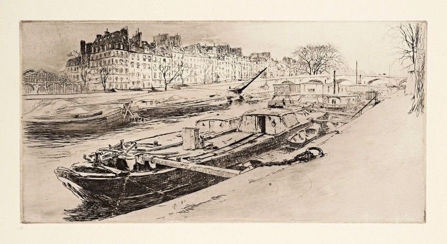 Edgar CHAHINE (1874-1947)

 Vieux Paris, quai des Célestins. 1905. Eau-forte et pointe sèche. 387 x 192. Tabanelli 157. Très belle épreuve sur vélin. Petites salissures (encre) aux bords du feuillet. Toutes marges. Tirage à 40 épreuves.