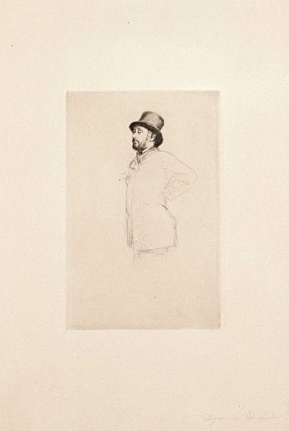 Marcellin DESBOUTIN (1823-1902)

 Degas au chapeau, ou Degas en buste. 1876. Pointe sèche « d'après nature ». 146 x 227. Clément-Janin 62. Très belle et fraîche épreuve sur vergé fort, de l'état définitif (les jambes effacées). Toutes marges. Tirage à 20 épreuves.