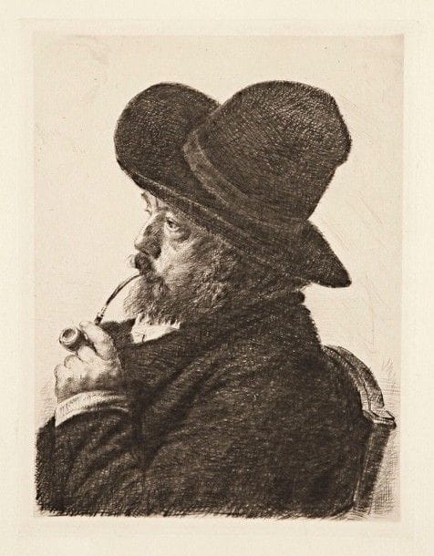 Marcellin DESBOUTIN (1823-1902)

 Fumeur au grand chapeau. 1888. Eau-forte et pointe sèche. 190 x 250. Clément-Janin 71 (« Pièce réputée et assez rare »). Très belle épreuve sur vergé fort. Légères rousseurs et traces d'oxydation. Très grandes marges. Rare (« une quinzaine d'épreuves connues »).