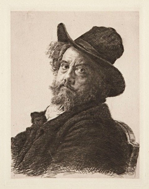 Marcellin DESBOUTIN (1823-1902)

 Autoportrait ou L'Homme au grand chapeau (grande pl.) 1888. Eau-forte et pointe sèche. 190 x 250. Clément-Janin 73. Très belle épreuve sur vergé fort. Très grandes marges.