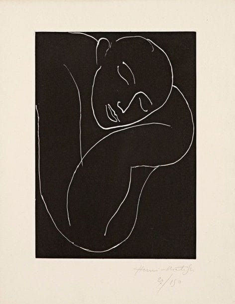 Henri MATISSE (1869-1954)

 L'Homme endormi. 1936. Aquatinte. 172 x 247. Duthuit-Garnaud 771. Très belle épreuve sur vergé de Montval, signée et numérotée au crayon. Infimes traces filiformes de frottement en surface. Infime trace d'oxydation aux bords du feuillet. Toutes marges. Tirage à 150 épreuves.
  Pl. parue en hors-texte des exemplaires de luxe du n° 11-3-5 des Cahiers d'Art, « Dessins de Matisse », 1936.
