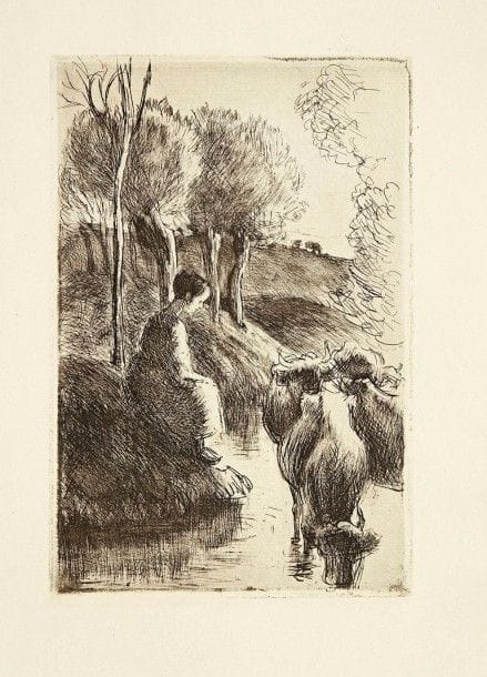 Camille Pissarro (1803-1903)

 Vachère au bord de l'eau. 1890. Eau-forte. 134 x200. Delteil 93. Très belle épreuve sur vergé crème, du tirage effectué pour la Gazette des Beaux-Arts en 1904. Bonnes marges.