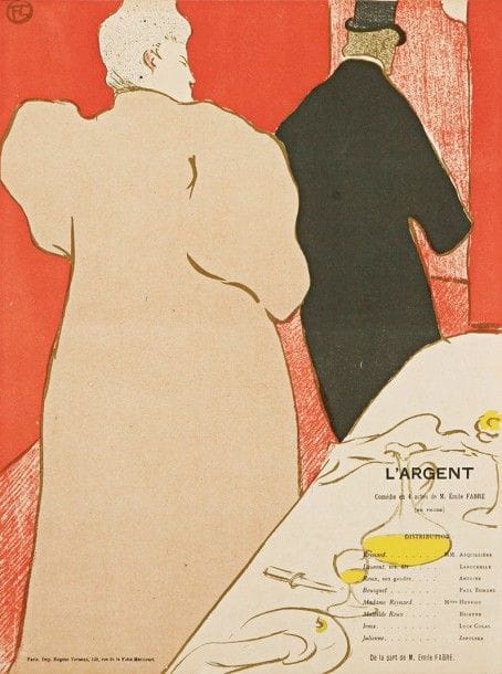 Henri de TOULOUSE-LAUTREC (1864-1901)

 Un Monsieur et une Dame. Programme pour L'Argent. Comédie en 4 actes de M. Émile Fabre. (Les Menus-Plaisirs, 5 mai 1895). Lithographie. [237 x 318]. Delteil 15; Wittrock 97; Aitken 28. Impression en couleurs. Belle épreuve, très fraîche de couleurs. Plusieurs plis horizontaux médians, certains partiellement cassés. Sans marges comme à l'ordinaire.