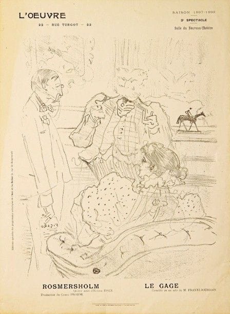 Henri de TOULOUSE-LAUTREC (1864-1901)

 Rosmersholm; Le Gage. Programme pour le théâtre de l'oeuvre, saison 1897-1898. Lithographie. [284 x 385]. Delteil 212; Wittrock 237; Aitken 96. Belle épreuve sur vélin glacé. Déchirure de 25 mm en pied et une autre de 10 mm en marge droite. Courts plis de manipulation et très légère oxydation. Toutes marges.