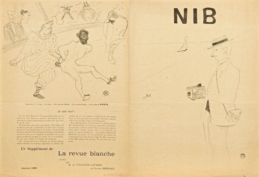 Henri de TOULOUSE-LAUTREC (1864-1901)

 Nib. Supplément à la Revue Blanche. Janvier 1895. Texte de Tristan Bernard, illustré des sujets Le Photographe amateur, Footit et Chocolat et Anna Held, dans « Toutes ces Dames au Théâtre ». Lithographie.506 x 352 (feuillet déplié). Delteil 98, 99 et 100; Wittrock 86, 87 et 88. Bel exemplaire sur vélin mince beige remplié comme à l'ordinaire. Menus accidents aux bords du feuillet. « Peu commun » selon Wittrock.
