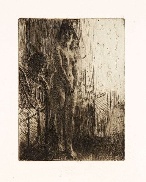 Anders Zorn (suédois, 1860-1920)

 Un coin sombre (Les Deux modèles près du lit); Première séance. 1903 et 1906. Eau-forte. Chaque 150 x200. Delteil 174 et200. Très belles épreuves sur vergé. Infimes rousseurs. Toutes marges. Ens. 2 p.