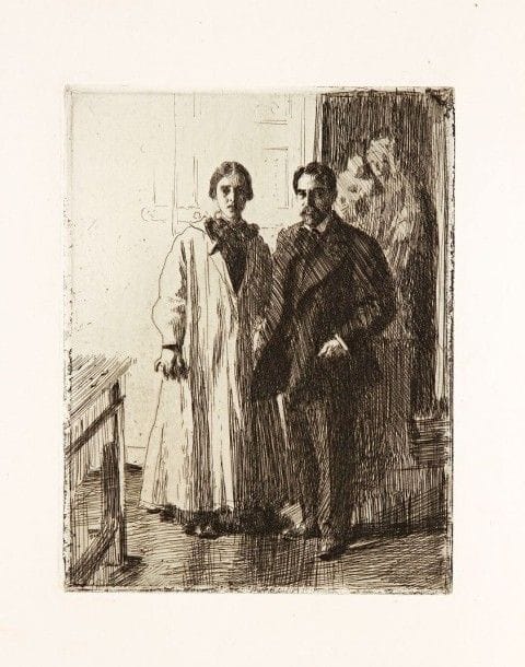 Anders Zorn (suédois, 1860-1920)

 M. et Mme Atherton Curtis. 1906. Eau-forte. 182 x 238. Delteil 201. Parfaite épreuve sur vergé. Joint : D'Estournelles de Constant. 1906. Eau-forte. 154 x 211. Delteil 202. Très belle épreuve sur vergé. Petit accroc en pied. Toutes marges non ébarbées.