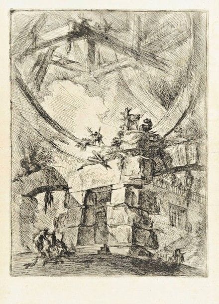 Giambattista PIRANESI (1720-1778)

 La Roue géante (Carceri, pl. 9). 1749. Eau-forte. 405 x 550. Hind 9; Robison 35. Très belle et brillante épreuve du 2e état (sur 8), avec la signature gravée mais avant brunissage de l'éraillure oblique dans le nuage de fumée blanc. Pli de séchage horizontal normal (fracturé sur 10 cm à droite et anciennement renforcé au verso). Auréoles claires d'humidité. Deux petits trous dont un dans le sujet. Une courte déchirure au bord gauche, anciennement restaurée. Belles marges (remargées en tête et en pied).