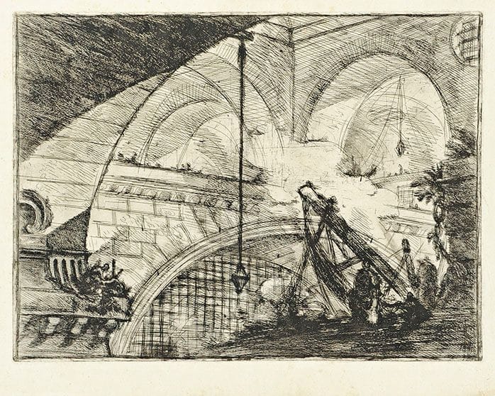 Giambattista PIRANESI (1720-1778)

 L'Arc décoré d'une coquille (Carceri, pl. 11). 1749. Eau-forte. 543 x 405. Hind 11; Robison 37 Superbe, brillante et rare épreuve du 1er état (sur 6), avant de nouveaux travaux. Quelques petites rousseurs éparses. Pli de séchage vertical médian. Restes d'onglets de montage aux bords du feuillet sur trois côtés au verso. Courte déchirure en pied à droite, anciennement restaurée au verso. Traces de plis (notamment de tirage). Petites taches d'encre sépia à l'extrême bord de la marge inférieure. Petit trou au bord gauche du feuillet. Belles marges. Filigrane : fleur de lys dans un cercle (Robison 1).
