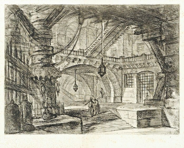Giambattista PIRANESI (1720-1778)

 Le Môle aux chaînes (Carceri, pl. 16). 1749. Eau-forte. 540 x 402. Hind 16; Robison 42. Superbe et rare épreuve du 1er état (sur 6), avant de nouveaux travaux, notamment les architectures au premier plan et la signature gravée en bas à droite. Innombrables petites rousseurs éparses. Pli de séchage vertical médian. Belles marges.