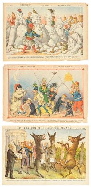 Anonyme XIXe s.

 Bambocci di Neve / Fantoches de neige; Panorama della politica / Panorama de la politique? Pl. pour Le Perroquet / Papagallo, n° 10, 34, 41, 48 et 49. Lithographie. Chaque env. [590 x 400]. Impression en couleurs. Très belles épreuves sur vélin mince, avec texte typographié du journal au verso. Menus accidents aux bords des feuillets et traces de plis. Toutes marges. Joint : Atti filantropici ed allegrezze del mese. Pl. pour La Rana (La Grenouille), n° 18. Lithographie. [610 x 413]. Impression en couleurs. Même condition. Ens. 6 p.