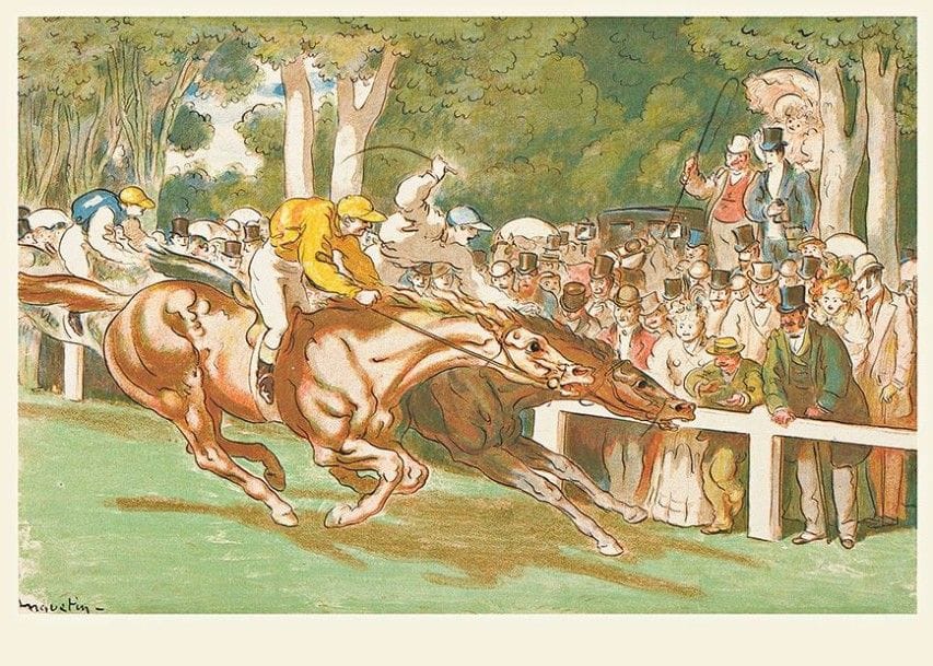 LOUIS ANQUETIN (1861-1932)

 Un Canter. 1898. Lithographie.506 x 332. I.F.F. [5]. Impression en couleurs. Très belle et fraîche épreuve d'essai sur chine volant, variante de couleurs de l'édition, le sujet légèrement incomplet en raison de la feuille plus petite qu'à l'ordinaire. Tirage à50 épreuves.
  Provenance : succession d'Auguste Clot, imprimeur lithographe.