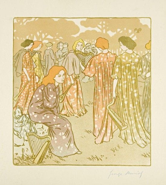 George Auriol (Jean-Georges Huyot, dit) (1863-1938)

 Chansons d'Écosse et de Bretagne, ou La Musique. 1895. Lithographie. 242 x 260. Fields 10. Impression en couleurs. Belle épreuve sur vélin fort, soigneusement lavée et réencollée, signée au crayon bleu. L'angle inférieur droit habilement restauré. Bonnes marges.