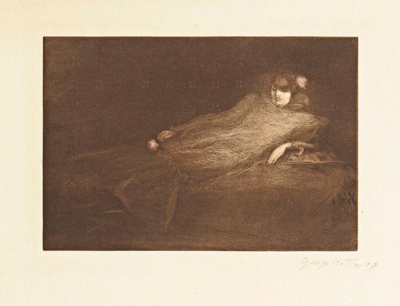 GEORGE BOTTINI (1874-1907)

 Femme à la rose. 1898. Eau-forte et aquatinte. 276 x 188. Carter Southard 84. Très belle épreuve sur vergé, tirée en noir bistré (les roses encrées à la poupée en rose), signée et numérotée au crayon. Toutes marges.